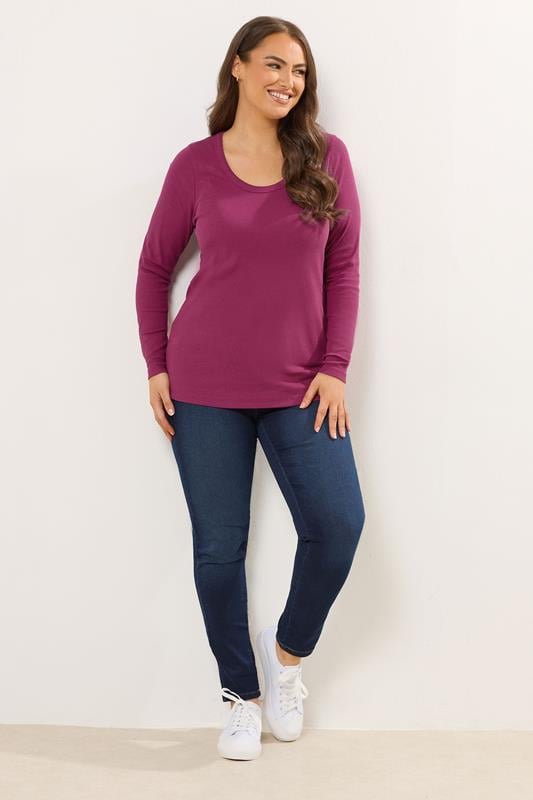 YOURS Plus Size Dark Pink Ribbed Scoop Neck Top | Yours Clothing 1