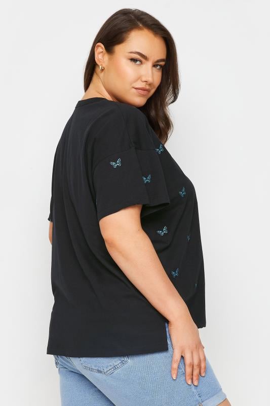 YOURS Plus Size Black Embroidered Butterfly T-Shirt | Yours Clothing 4