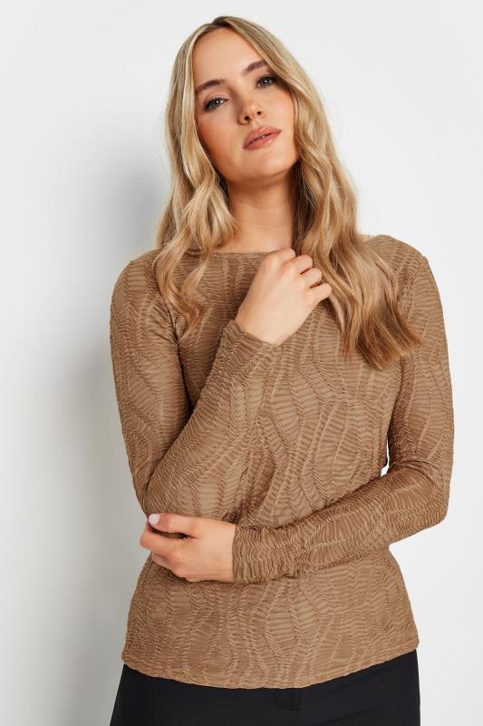 LTS Tall Camel Brown Textured Slash Neck Top | Long Tall Sally 1