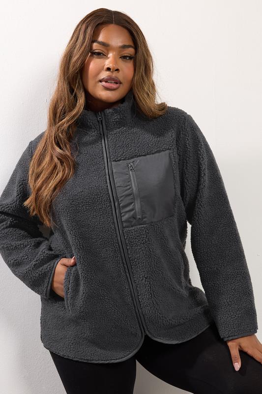 YOURS Plus Size Grey Pocket Teddy Fleece Jacket | Yours Clothing 1