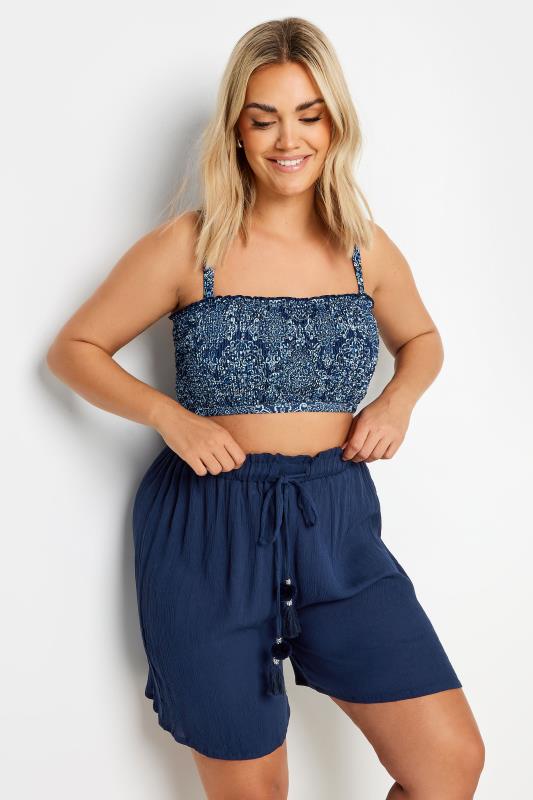 YOURS Plus Size Navy Blue Textured Tassel Detail Beach Short | Yours Clothing 1