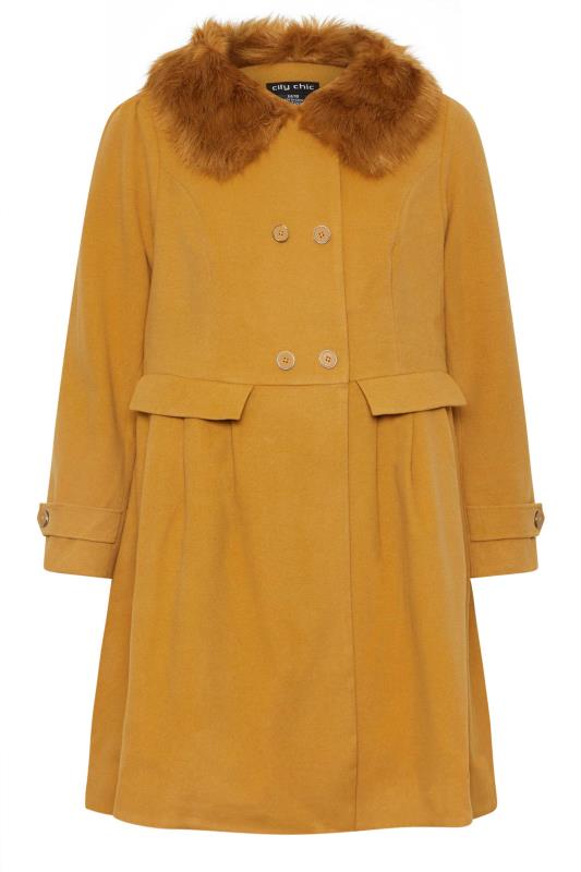 Plus Size  Evans Yellow Faux Fur Trim Coat