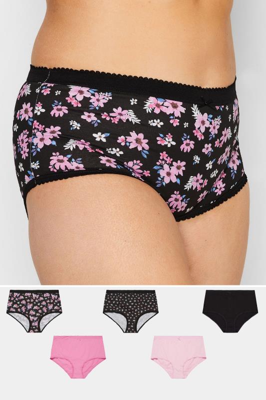 Plus Size  YOURS Curve 5 PACK Black & Pink Floral Full Briefs