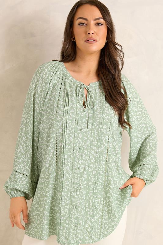 EVANS Curve Sage Green Ditsy Tie Neck Blouse