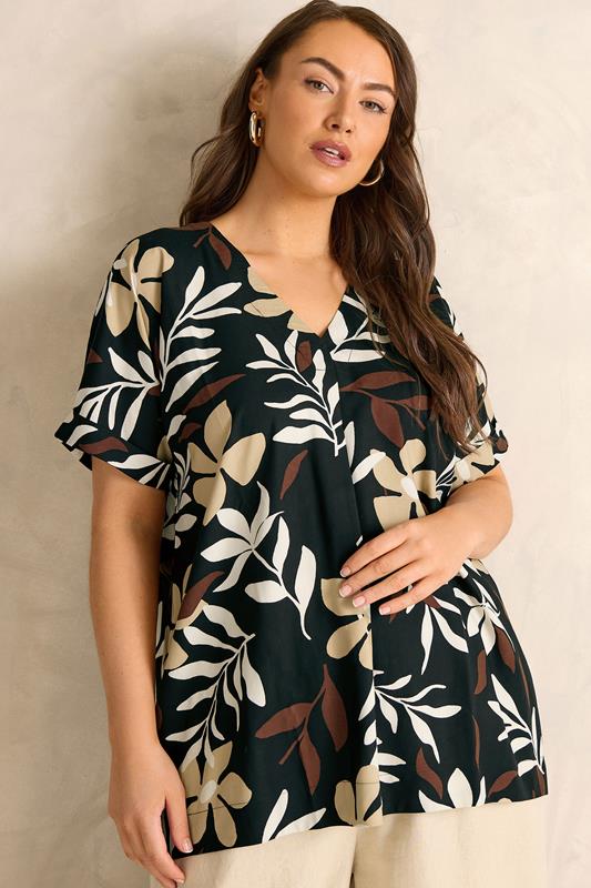  EVANS Curve Black Leaf Print Pleat Top