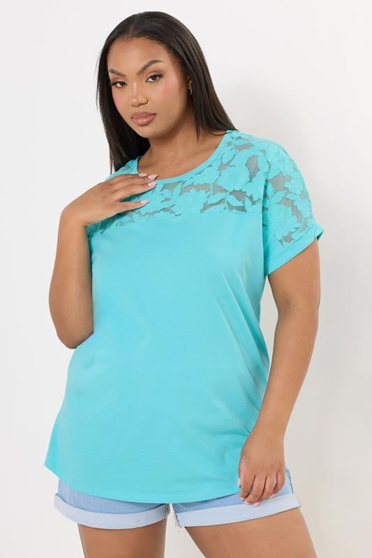 Plus Size  YOURS Curve Blue Floral Mesh Panel T-Shirt