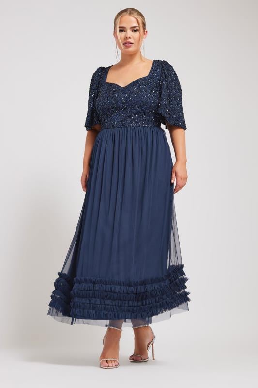 LUXE Plus Size Curve Navy Blue Sequin Sweetheart Ruffle Maxi Dress | Yours Clothing  1