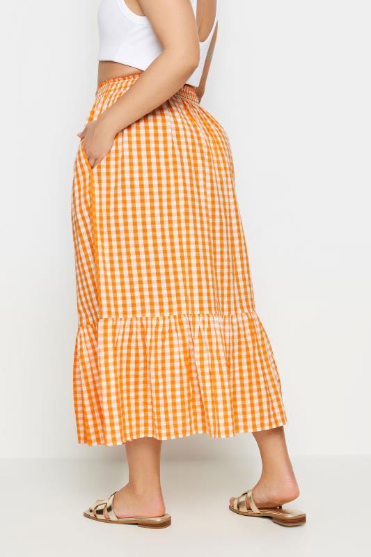 YOURS Plus Size Orange Gingham Tiered Pure Cotton Midi Skirt | Yours Clothing 4