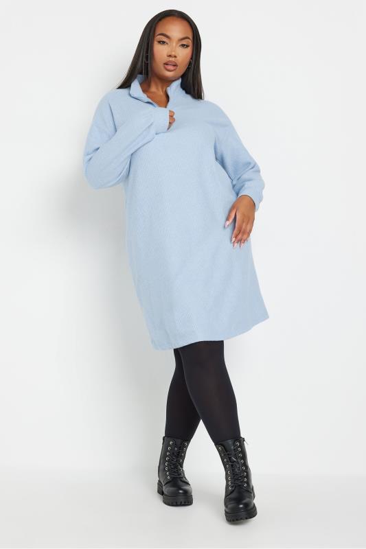 YOURS Plus Size Light Blue Soft Touch Zip Neck Jumper Dress | Yours Clothing 2