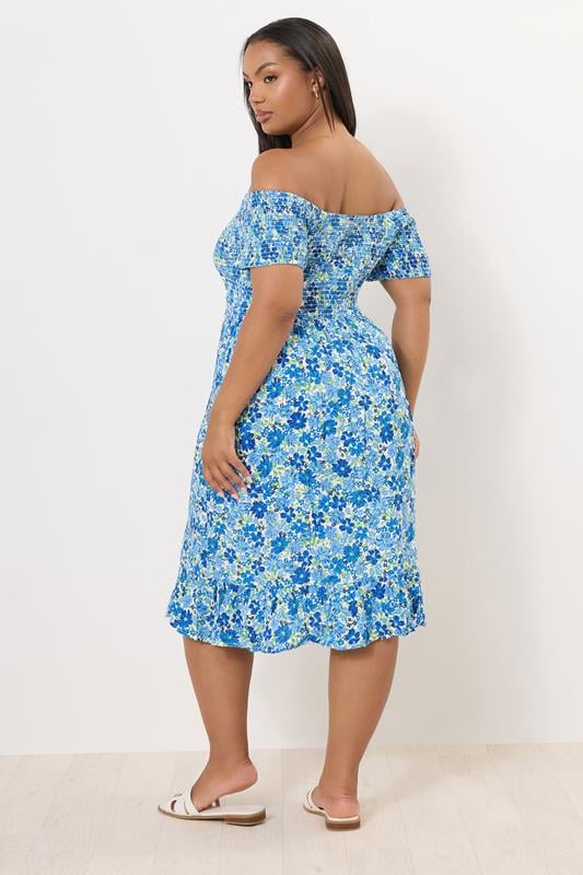 YOURS Plus Size Blue Shirred Bardot Midi Dress | Yours Clothing 3