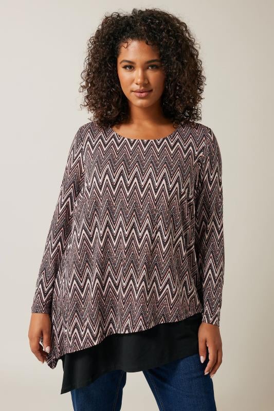 Evans Brown Zig Zag Print Long Sleeve Top 1