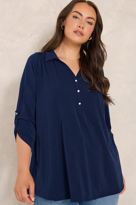  EVANS Curve Navy Blue Long Sleeve Blouse