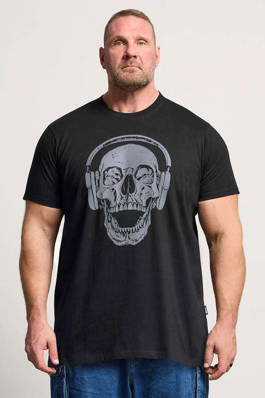 BadRhino Big & Tall Black Extra Long Skull Headphones Graphic T-Shirt