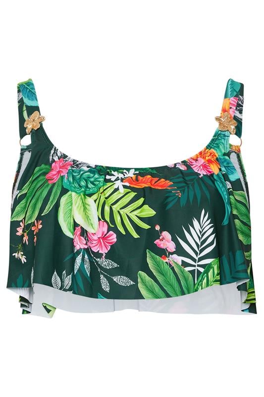YOURS Plus Size Green Tropical Print Frill Bikini Top | Yours Clothing 7