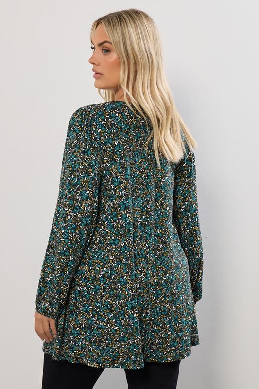 YOURS Plus Size Green & Blue Ditsy Floral Print Pleat Front Top | Yours Clothing 2