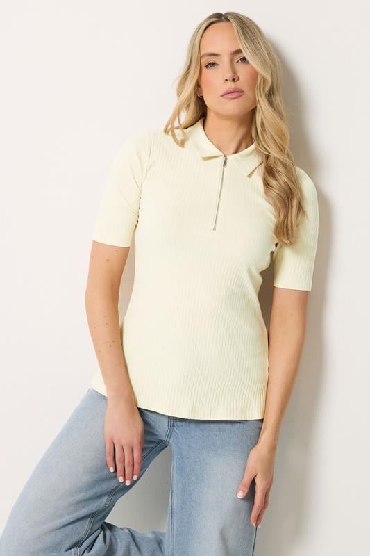LTS Tall Yellow Half Zip Ribbed Cotton Collared Top
