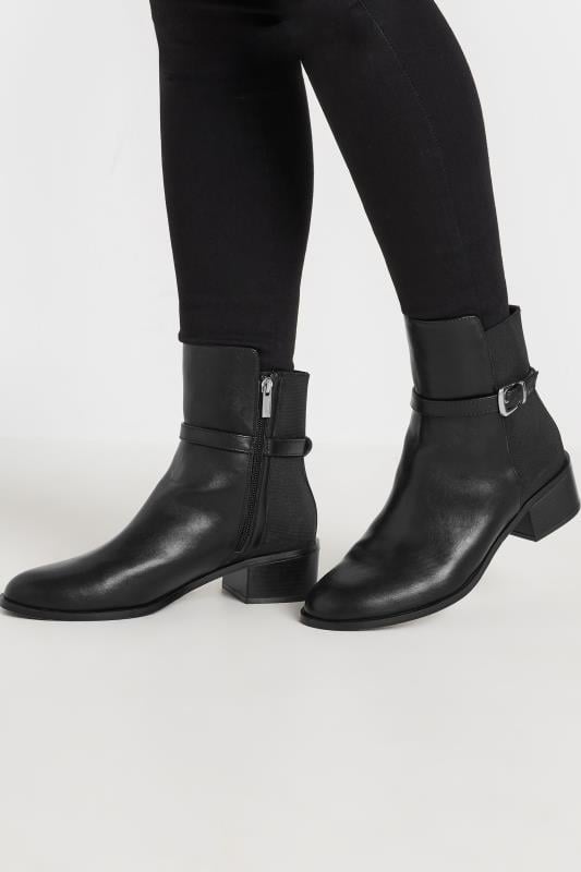 Tall  LTS Black Block Heel Buckle Ankle Boots In Standard Fit