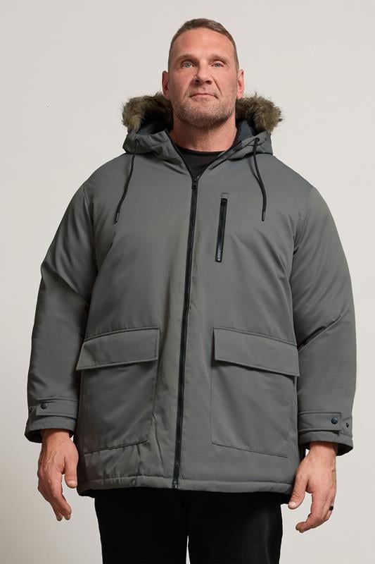 JACK & JONES Big & Tall Grey Faux Fur Detachable Hooded Parka Jacket