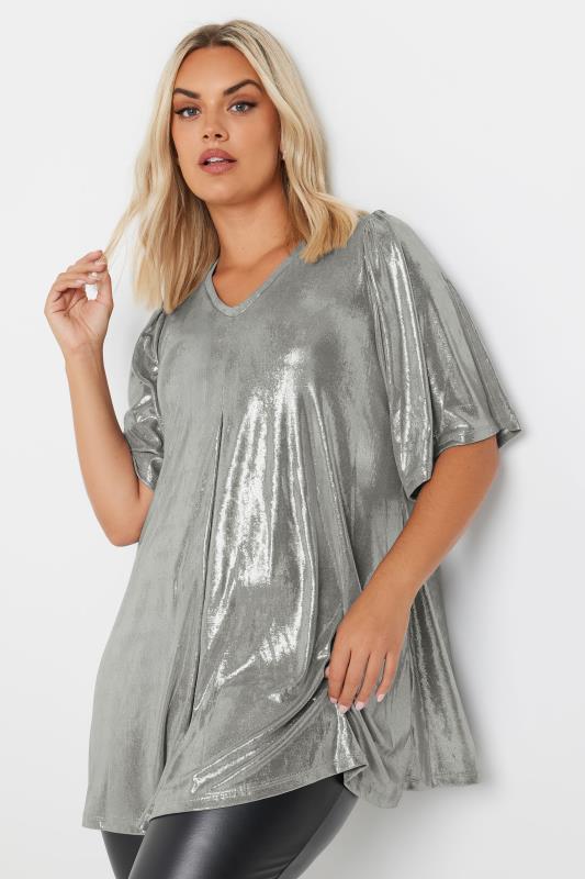 YOURS Plus Size Light Grey Foil Pleated Swing Top | Yours Clothing 1