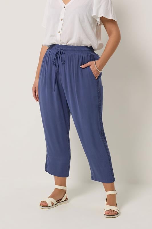  YOURS Curve Blue Crochet Side Crop Trousers