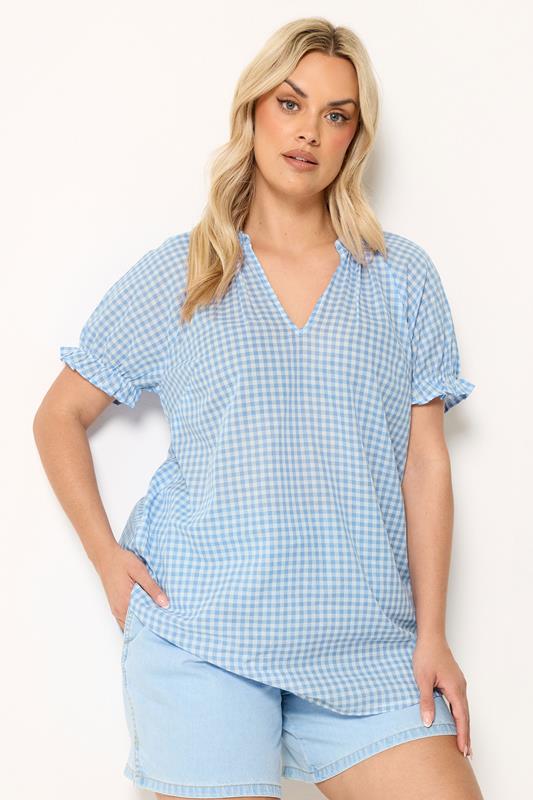 YOURS Curve Baby Blue Gingham Puff Sleeve Blouse