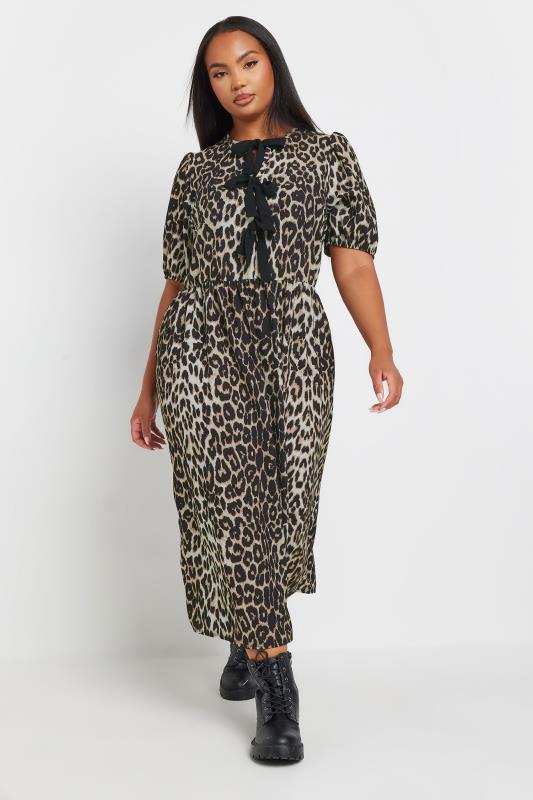 LIMITED COLLECTION Plus Size Natural Brown Leopard Print Bow Dress | Yours Clothing  3