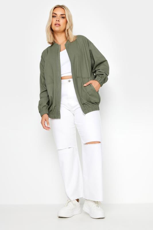 YOURS Plus Size Khaki Green Twill Bomber Jacket | Yours Clothing 2