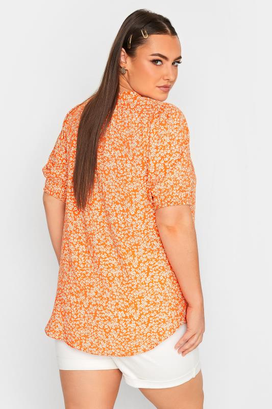 YOURS Plus Size Orange Floral Print Tie Neck Blouse | Yours Clothing 3