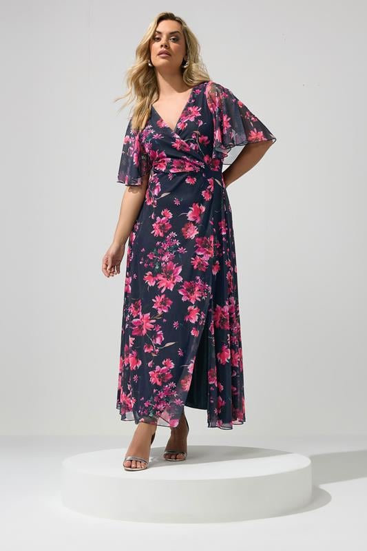  YOURS LONDON Curve Navy Blue Floral Angel Sleeve Maxi Dress