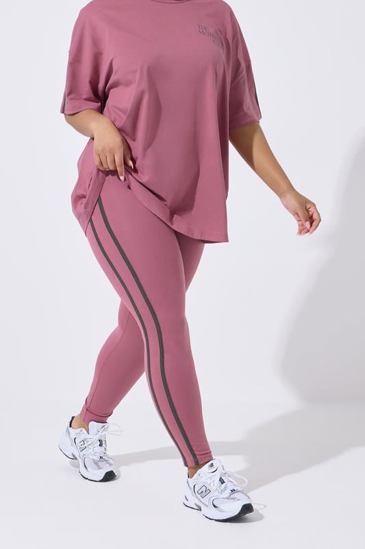 YOURS ACTIVE Plus Size Pink Side Stripe Leggings | Yours Clothing 2