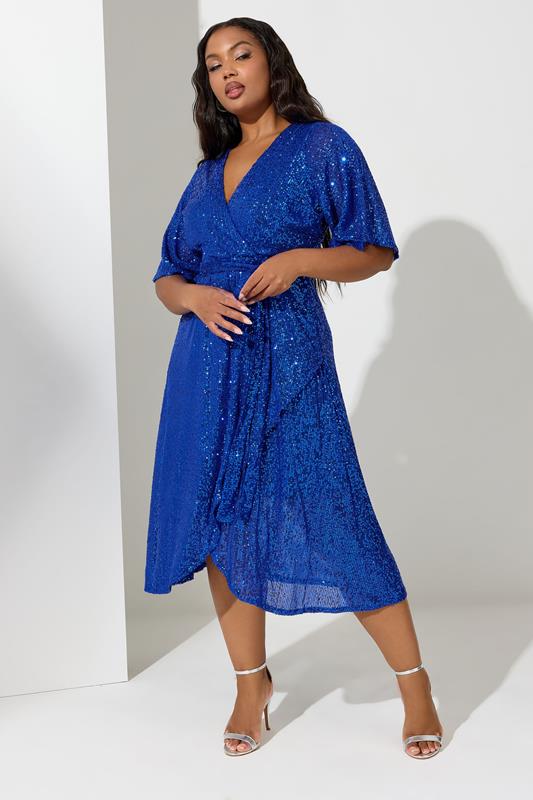 YOURS LONDON Plus Size Blue Sequin Wrap Dress | Yours Clothing 1