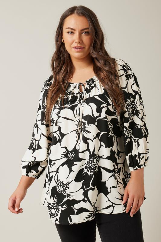 EVANS Plus Size Black Floral Print Tie Neck Blouse | Yours Clothing 4