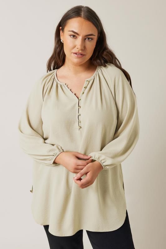 EVANS Plus Size Natural Brown Button Front Long Sleeve Blouse | Evans 2