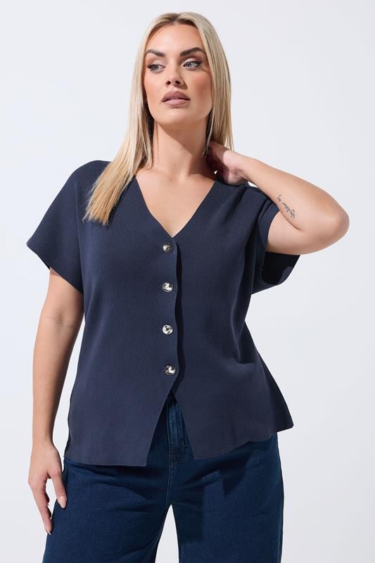  LIMITED COLLECTION Curve Navy Blue Short Sleeve Compact Knitted Top