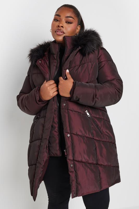 YOURS Plus Size Red Faux Fur Trim Puffer Coat | Yours Clothing 2