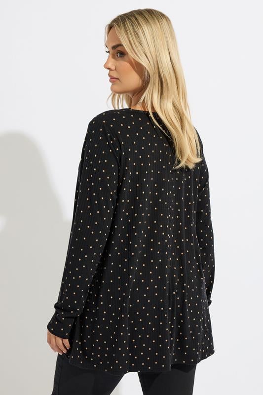YOURS Plus Size Black Polka Dot Ribbed Button Top | Yours Clothing 4