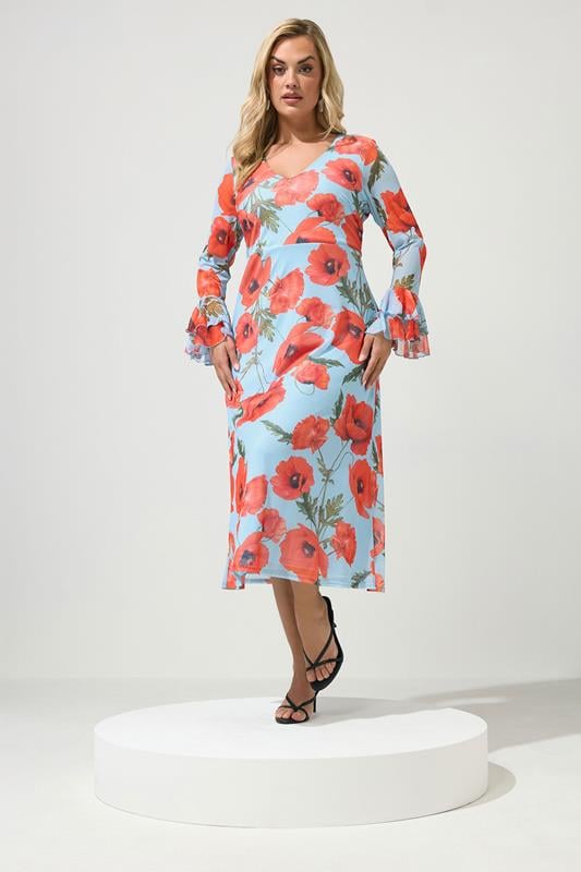 YOURS LONDON Curve Light Blue Floral Mesh Dress