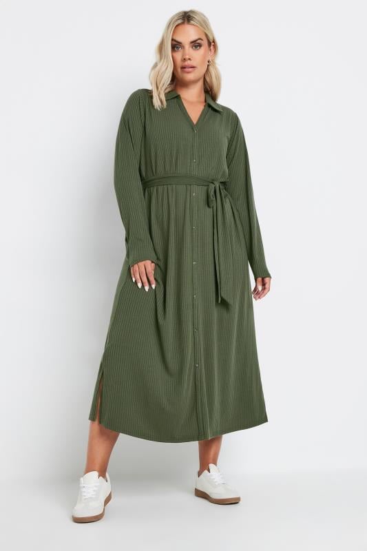 YOURS Plus Size Khaki Green Button Front Ribbed Tie Waist Midi Dress | Yours Clothing 1