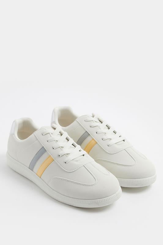  Yours White & Yellow Retro Stripe Trainers In Extra Wide EEE Fit