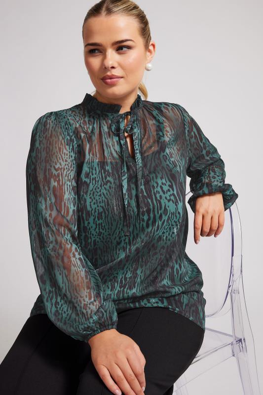 YOURS LONDON Plus Size Green Leopard Print Metallic Stripe Chiffon Blouse | Yours Clothing  1