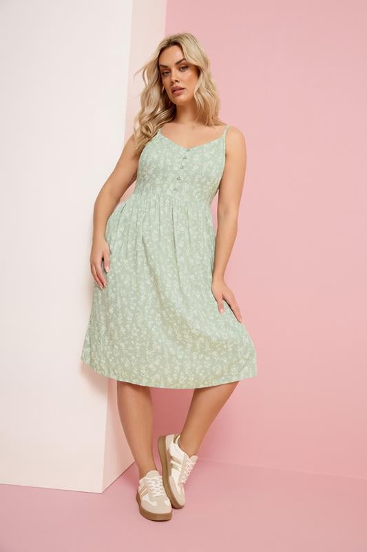  YOURS Curve Sage Green Ditsy Floral Strappy Sundress