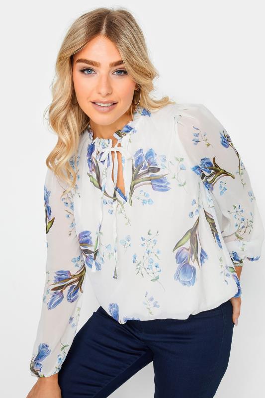 M&Co White Floral Print Tie Neck Blouse | M&Co 1