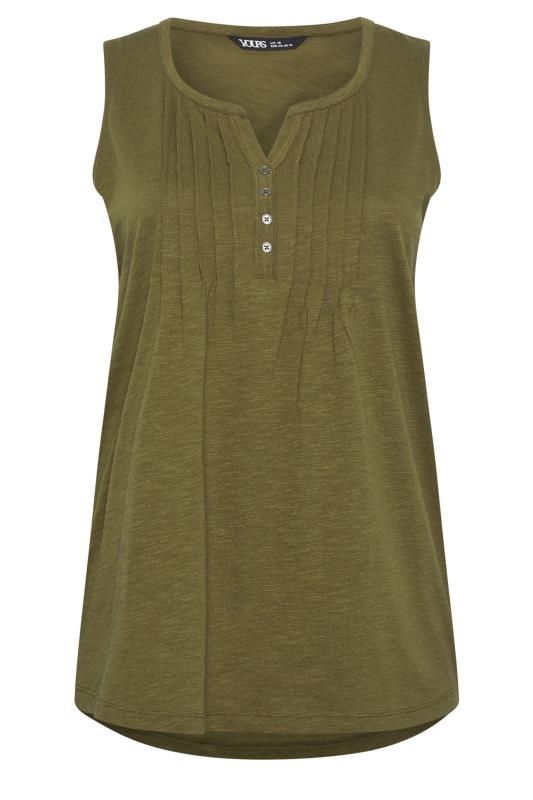 YOURS Plus Size Olive Green Pintuck Henley Vest Top | Yours Clothing 5