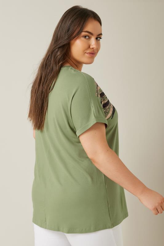EVANS Plus Size Khaki Green Zebra Print Sequin Embellished T-Shirt | Evans  5