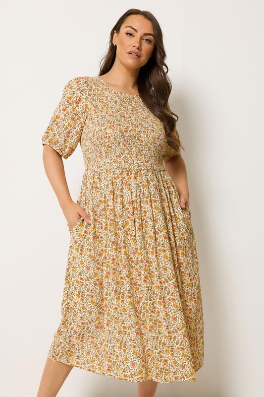  YOURS Curve Yellow Ditsy Floral Shirred Dress