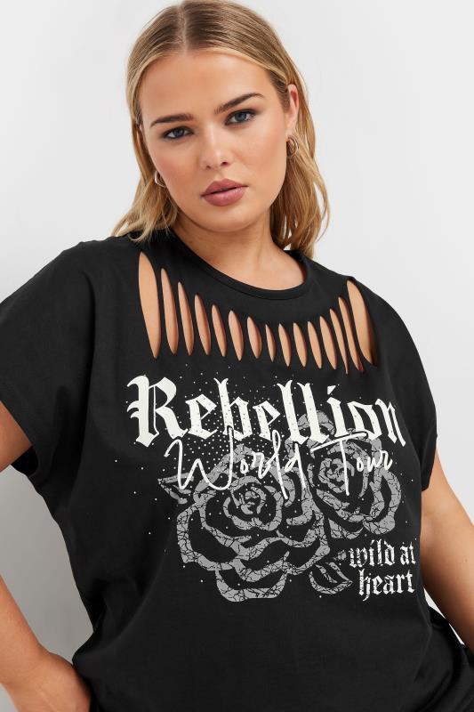 YOURS Plus Size Black Cut Out 'Rebellion' Slogan T-Shirt | Yours Clothing  5