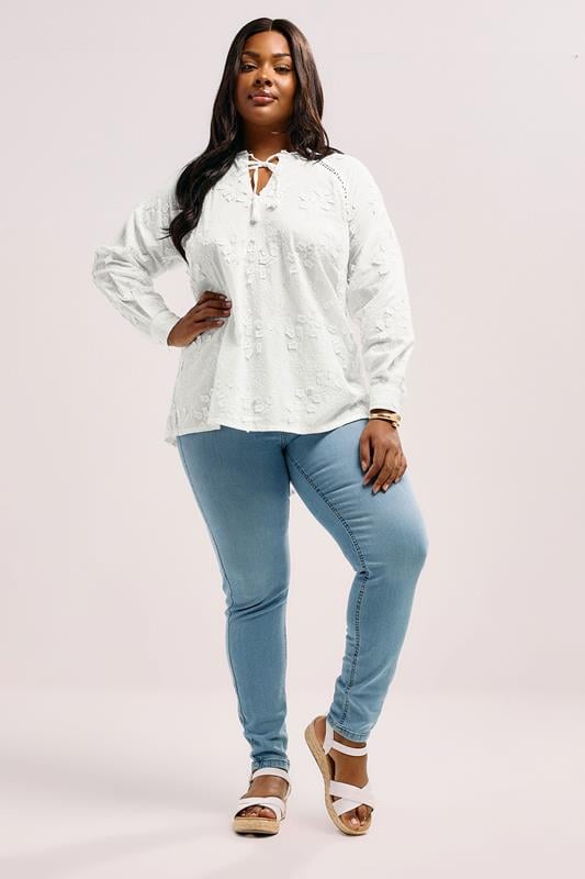 YOURS Plus Size White Floral Embroidered Tie Neck Blouse | Yours Clothing 2