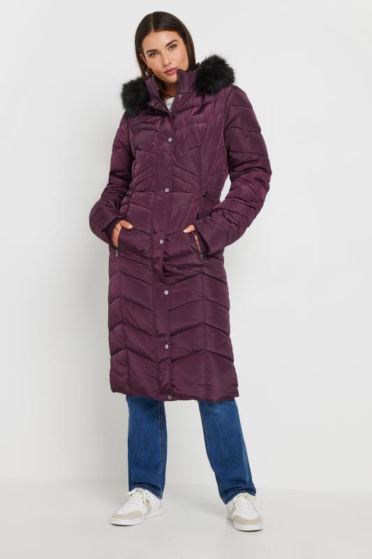 LTS Tall Women's Burgundy Red Faux Fur Trim Padded Longline Coat | Long Tall Sally 1