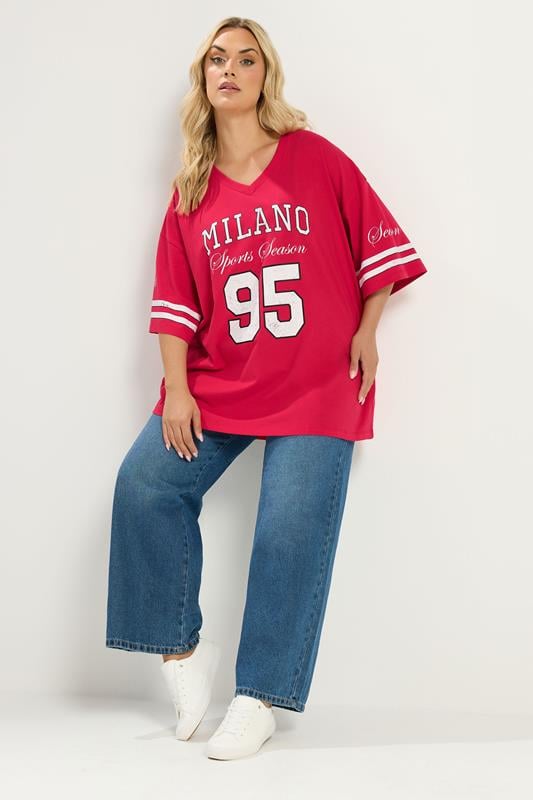 YOURS Plus Size Red 'Milano' Boxy Varsity T-Shirt | Yours Clothing 2