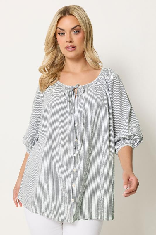  YOURS Curve Navy Blue Stripe Tie Detail Top